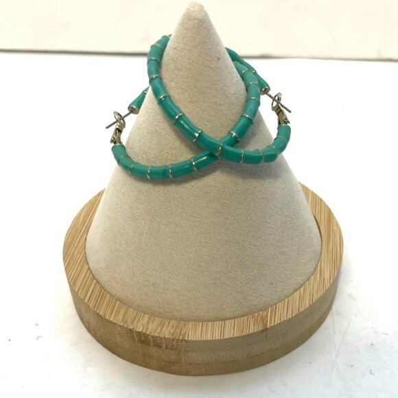 Turquoise Enamel Segmented Hoop Earrings With Omega Backs 1.75" Diameter - Picture 2 of 6